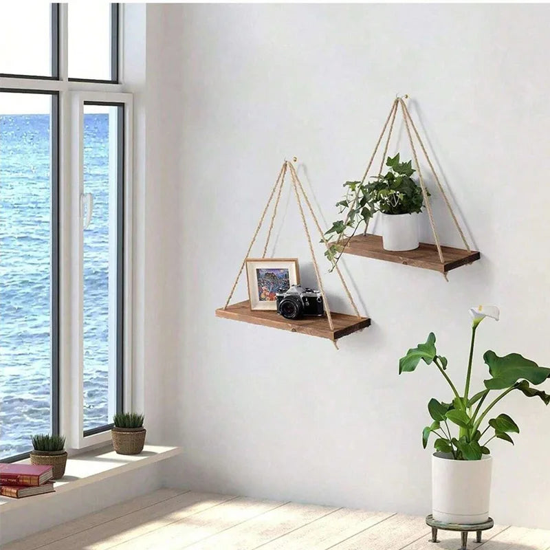Wooden Swing Hanging Hemp Rope Wall Shelve Mounted Floating Home Living Room Plant Flower Pot Tray Storage Garden Decoration