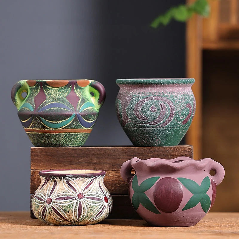 4/8 Pcs Scandinavian Succulent Flower Pot Set Creative Plant Pot Ceramic Vase Vintage Printed Ceramic Flower Pot Home Decoration