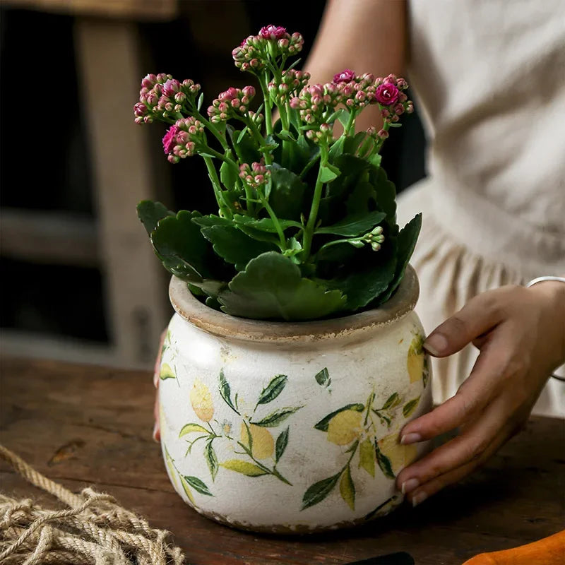Lemon Flower Vase Retro Vintage Ceramic Creativity Nordic French Gardening Green Plants Table Decorations Hydroponics