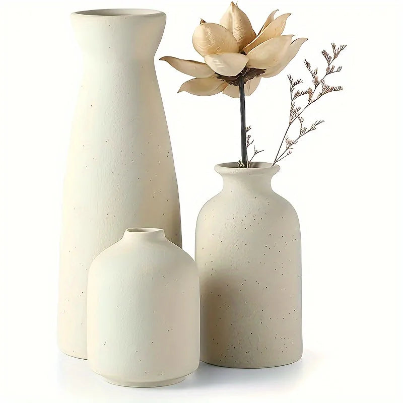 3PCS Bohemian Ceramic Vase Set, Matte Neutral Cylinder Vases for Home Decor, Mother's Day Gift & Living Room Elegant Decor