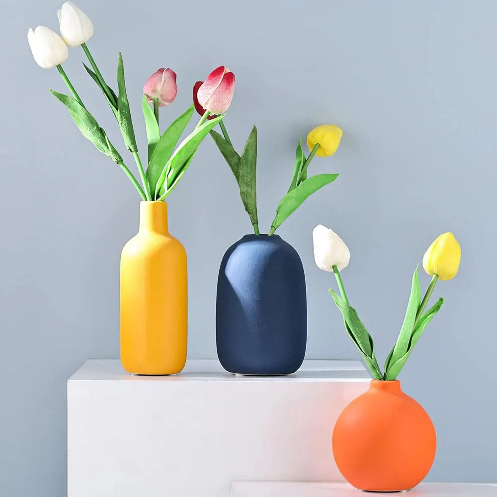 Colorful Ceramic Vase for Flowers Orange Yellow Blue Boho Modern Flower Vase for Bookshelf Centerpiece Table Home Decorations