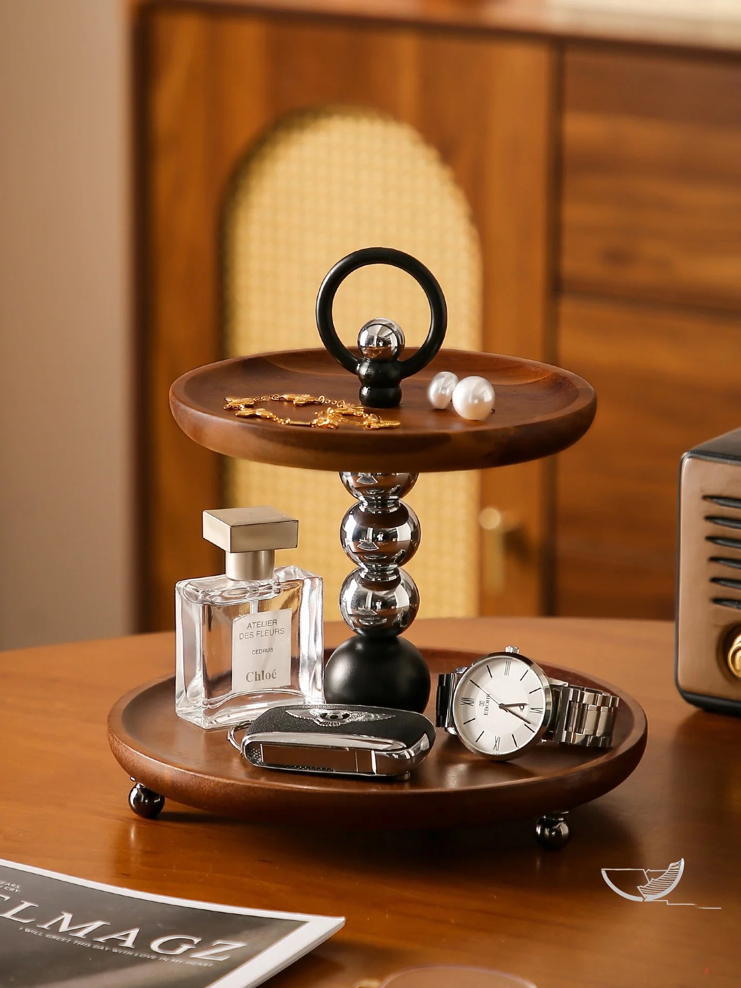 Double Layer Walnut Wood Storage Ra Key Tray Entrance Hook Jewelry Stand Vintage Luxury Decorative Organizer elf