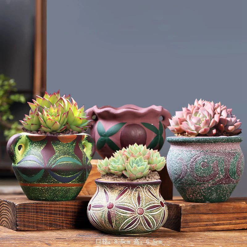 4/8 Pcs Scandinavian Succulent Flower Pot Set Creative Plant Pot Ceramic Vase Vintage Printed Ceramic Flower Pot Home Decoration