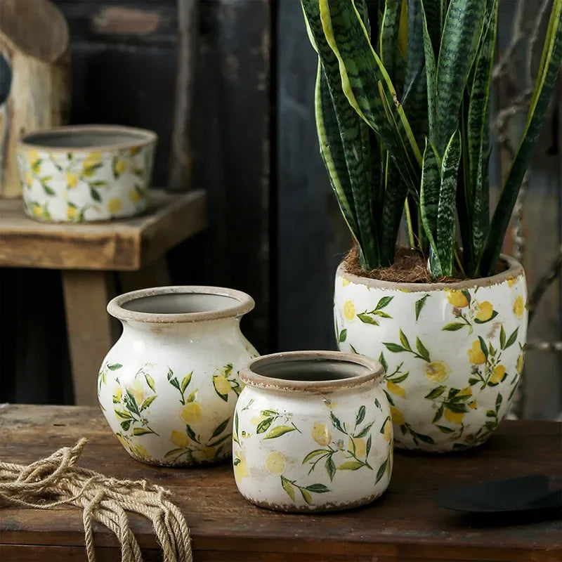 Lemon Flower Vase Retro Vintage Ceramic Creativity Nordic French Gardening Green Plants Table Decorations Hydroponics