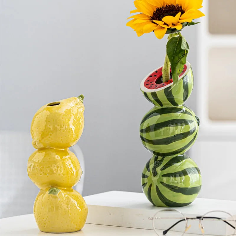 CAPIRON Ceramic Vase Orange Lemon Watermelon Fruit Fresh Flower Tabletop Centerpiece Home Living Room Office Decoration Desktop