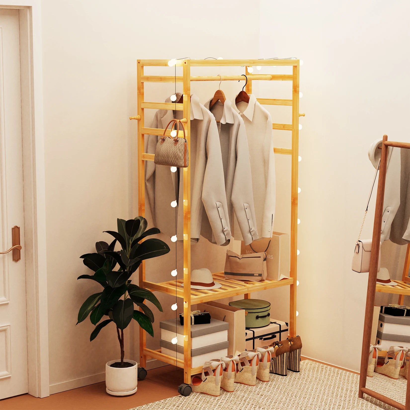 Bamboo Garment Coat Rack Clothes Hanging Rack Organizer with Wheels