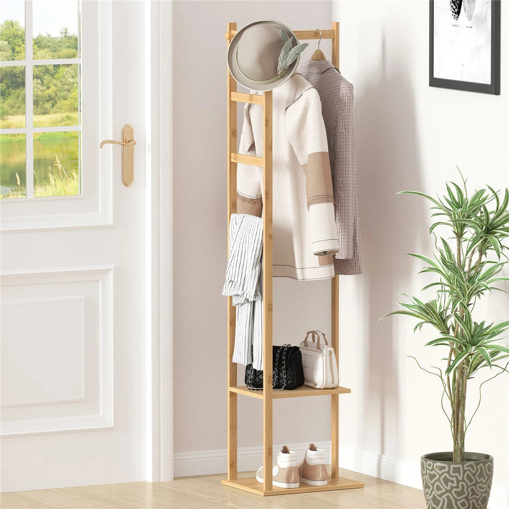 Bamboo Clothing Rack Corner Coat Rack Stand Hall Trees for Hallway Entryway
