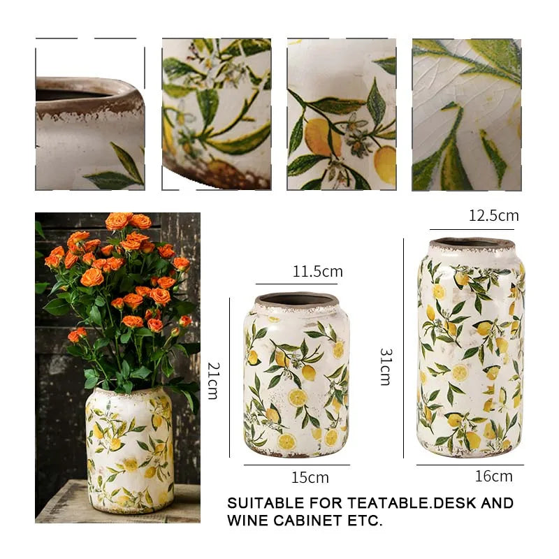 Retro Ceramic Large Vase Lemon Texture Ice Cracked Old Decorative Vase Hydroponic Flower Arrangement Supplies for Home Garden