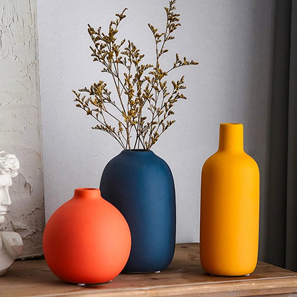 Colorful Ceramic Vase for Flowers Orange Yellow Blue Boho Modern Flower Vase for Bookshelf Centerpiece Table Home Decorations