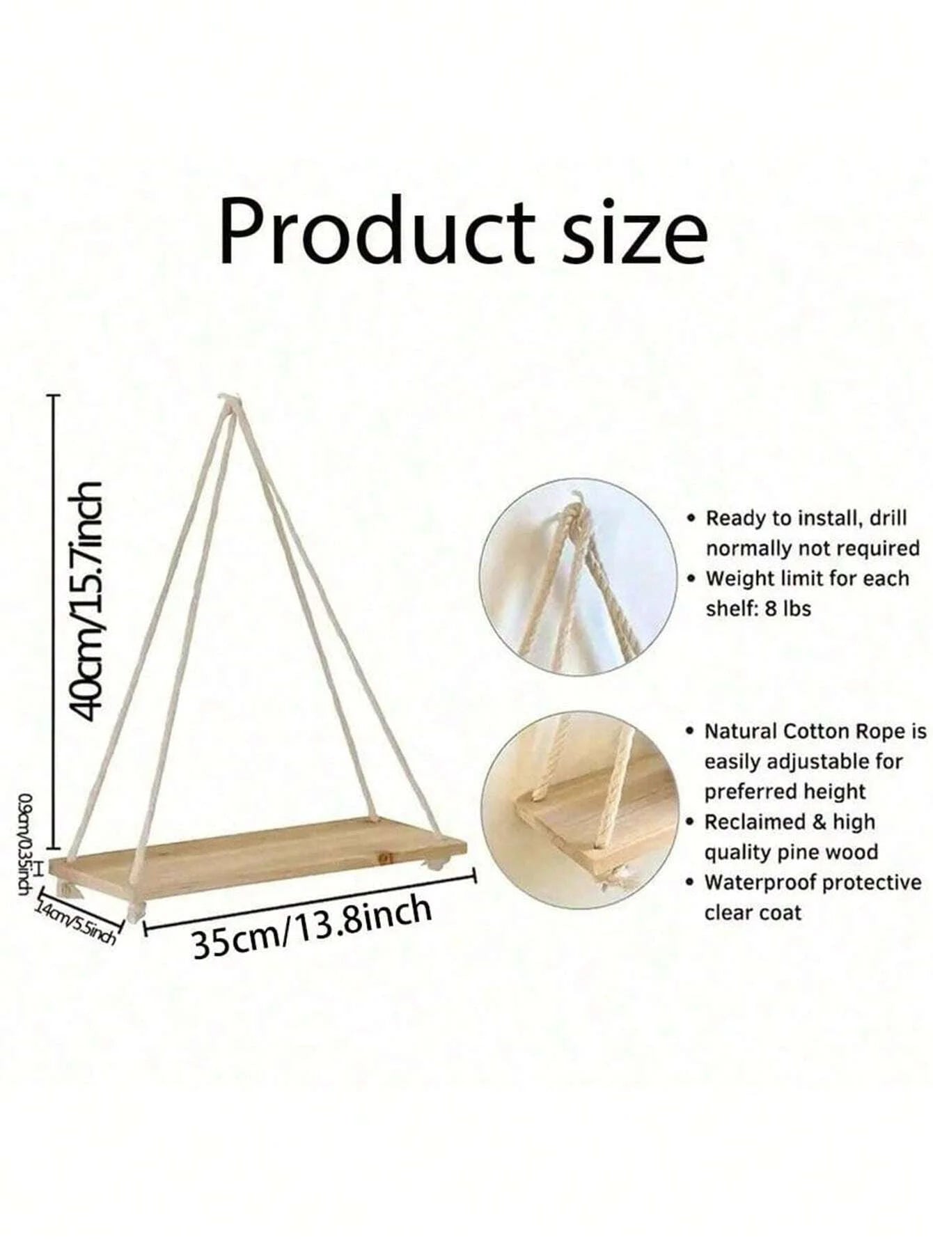 Wooden Swing Hanging Hemp Rope Wall Shelve Mounted Floating Home Living Room Plant Flower Pot Tray Storage Garden Decoration