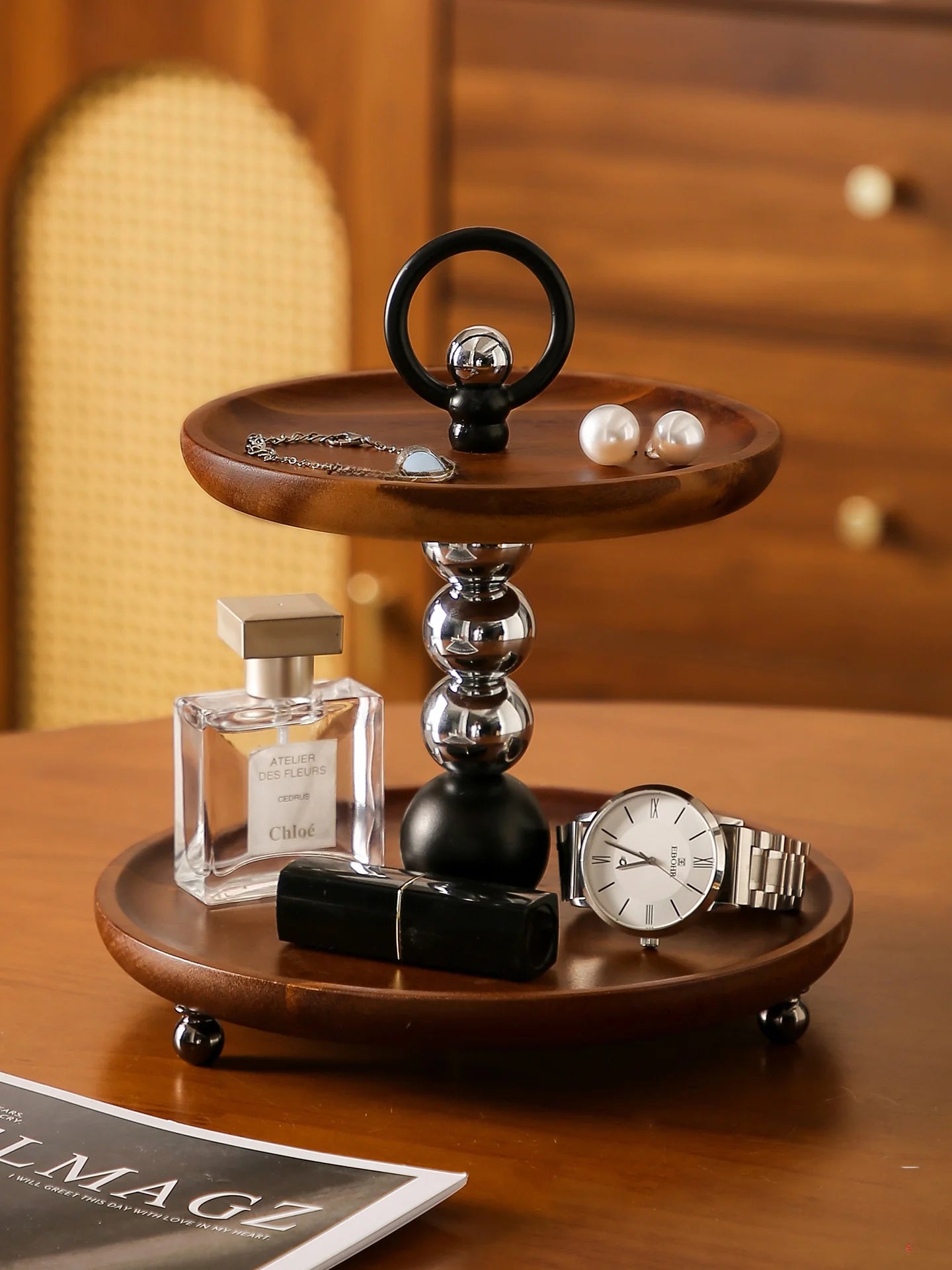 Double Layer Walnut Wood Storage Ra Key Tray Entrance Hook Jewelry Stand Vintage Luxury Decorative Organizer elf