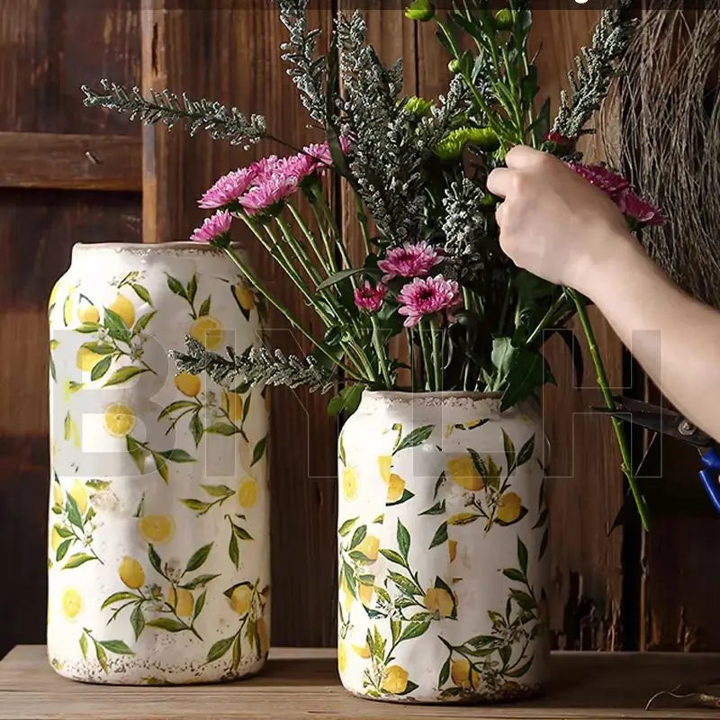 Retro Ceramic Large Vase Lemon Texture Ice Cracked Old Decorative Vase Hydroponic Flower Arrangement Supplies for Home Garden