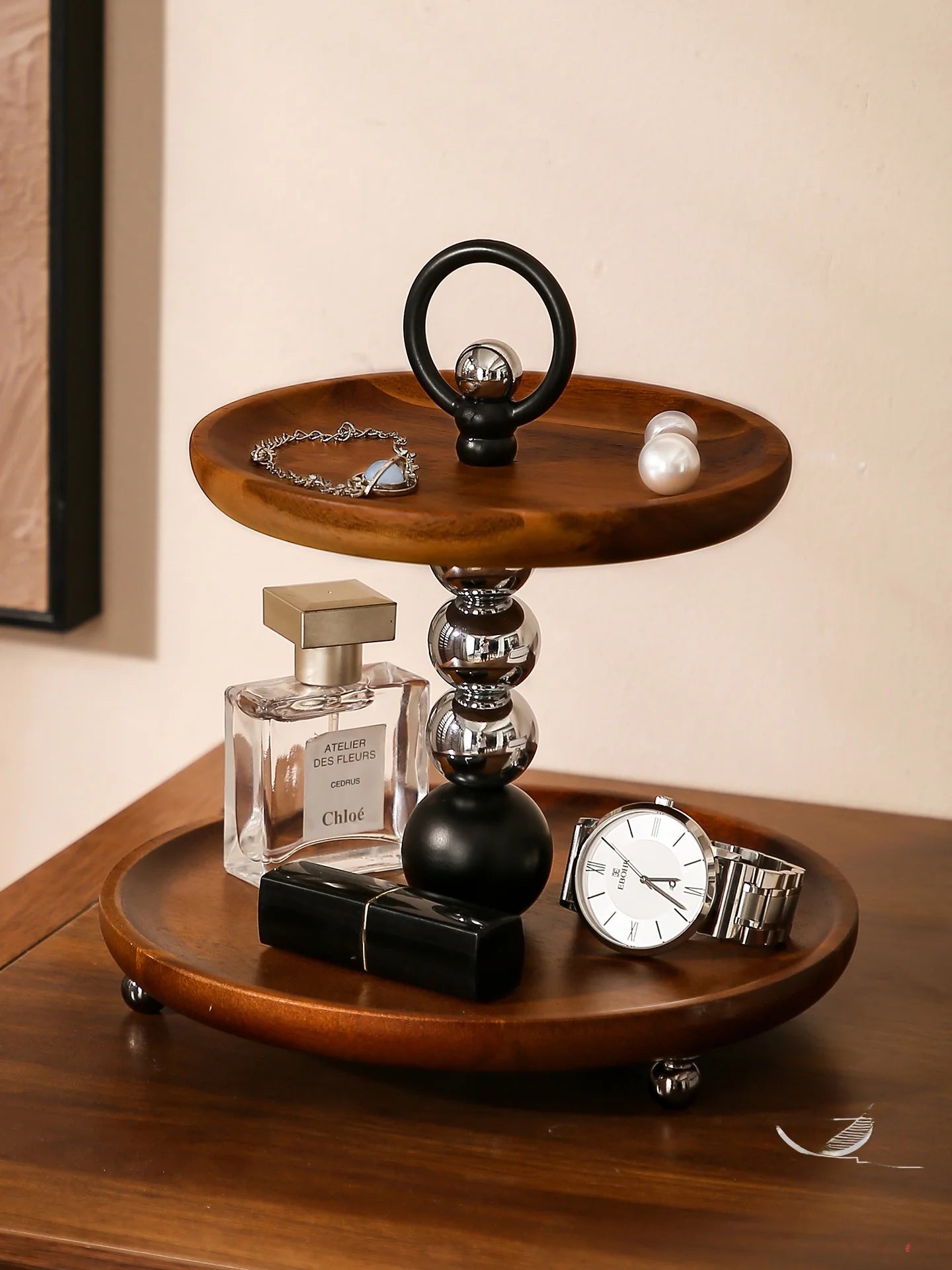 Double Layer Walnut Wood Storage Ra Key Tray Entrance Hook Jewelry Stand Vintage Luxury Decorative Organizer elf