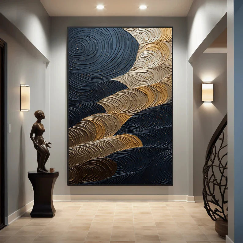 Luxury Abstract Spiral Black and Gold Leaves Life Tree Waves Poster Canvas Painting Wall Art Pictures Home Interior Decor Gift